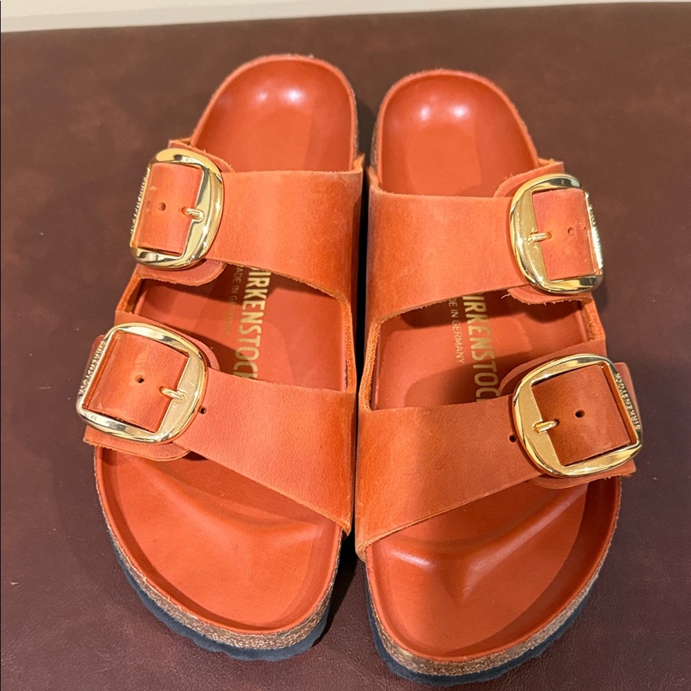 Birkenstock Orange Double-Strap Sandals with Gold Buckles